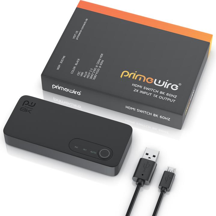 Produktbild Primewire 2-Port HDMI Splitter, 8K Aluminium HDMI Switch 2 in 1 Out UHD, Verteiler, Umschalter, 4K 3D HDR
