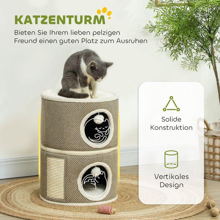 Produktbild Swisshandel24 Kratztonne 56 cm Hoch Katzentonne mit Höhle, aus Sisal, für Katze bis 5 kg (56 cm, Kaffee, Cremeweiss)