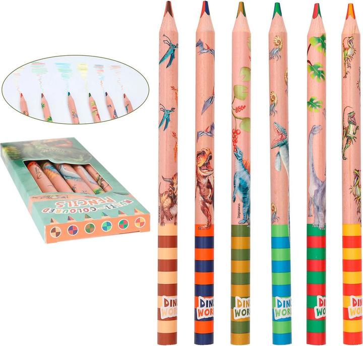 Produktbild Magni Depesche 12100 Dino World-Multicolor Buntstifte Set in Holz-Optik und Dinomotiven, 6 Dicke Stifte in (Mehrfarbig, 6 x)