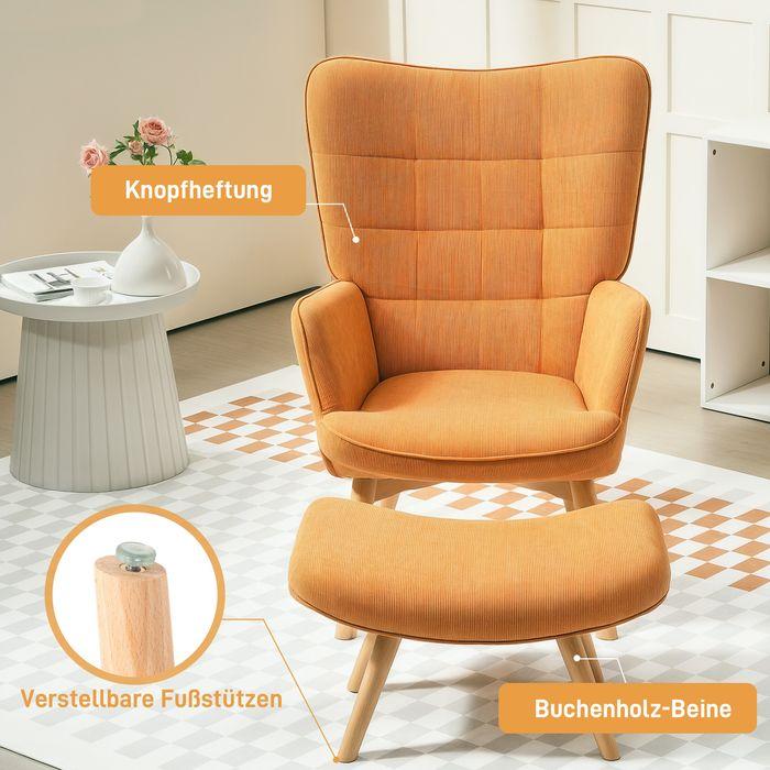 Produktbild Swisshandel24 Sessel mit Hocker, Ohrensessel mit Hoher Rückenlehne, Holzbeine, Cord, Braun