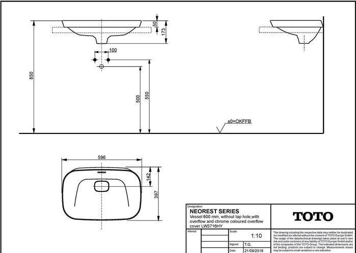 Produktbild TOTO NEOREST Aufsatzwaschtisch o HL mit Überlauf 173x596x397mm weiss (397 mm, 596 mm)