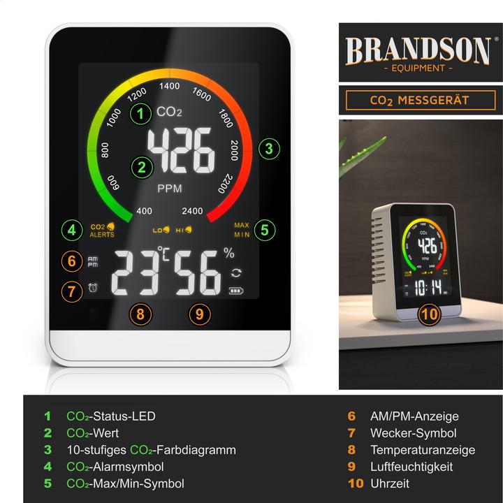 Image du produit Brandson CO2 Messgerät, Luftqualität Melder, Kohlendioxidmessung, Luftqualität Sensor, Raumluft-Qualität