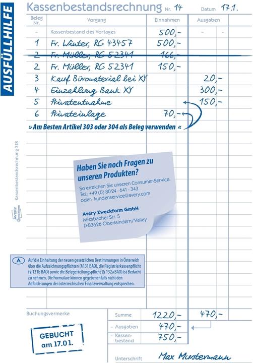 Nährwerte und Zutaten Avery Kassenbestandsrechnung (50 x)
