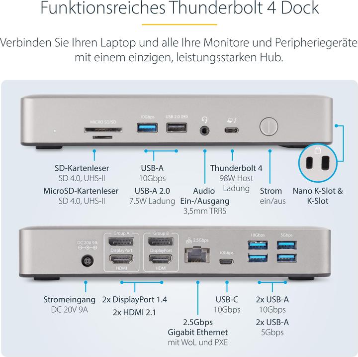 Actual product image StarTech com Thunderbolt 4 Multi-Display Docking Station, Quad/Triple/Dual Monitor Dock - 2x HDMI/2x (Thunderbolt, 7 Ports)