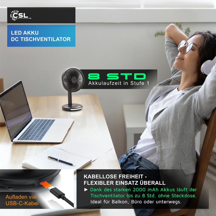 Immagine prodotto CSL Akku Tischventilator, USB Mini Desk Fan, Schreibtischventilator, sehr leise, neigbar, mobiler Lüfter (46.50 dB)