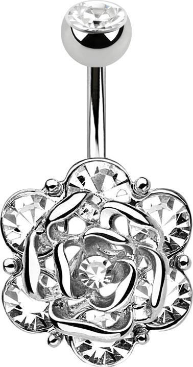 Star Piercing Banane silber mit Kugel Kristall silber Blume mit sechs Kristallen (Chirurgenstahl 316L, Messing)