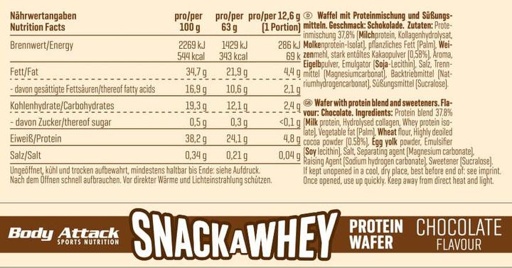 Nutritional values and ingredients Body Attack Snack A Whey Protein Wafer (18 x 63g) (Chocolate, 18 pcs.)