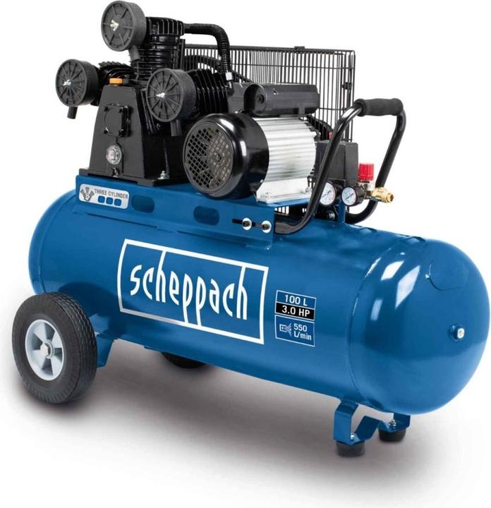 Produktbild Scheppach Dreifachzylinder-Kompressor 2200W, 10 bar inkl. 100 L Tank, Riemenantrieb, 2x Schnellkupplung & Fah (10 Bar, 100 l)