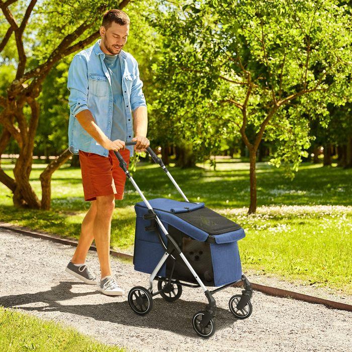 Produktbild Swisshandel24 Hundewagen Hundebuggy klappbar für Hunde & Katzen bis 10 kg Katzenbuggy, dunkelblau (Hund, Katze, Atmungsaktiv, Waschbar, Faltbar)