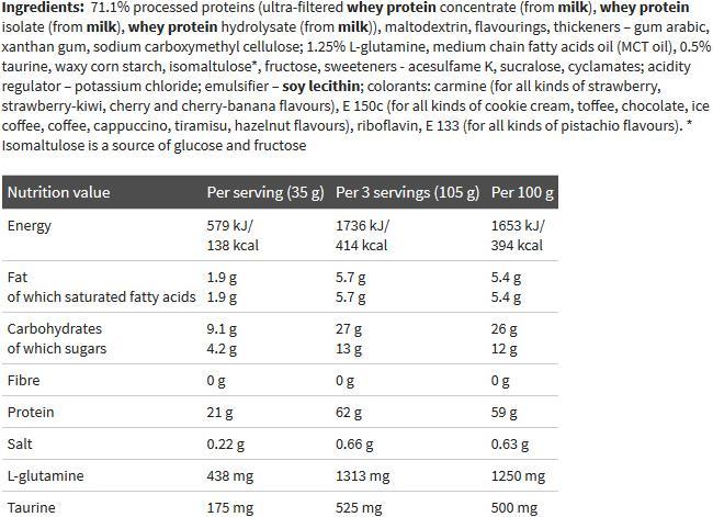 Valeurs nutritives et ingrédients Olimp Sport Nutrition Shake Pro Whey (sachet de 2270g) (Vanille, 1 pcs, 2270 g)