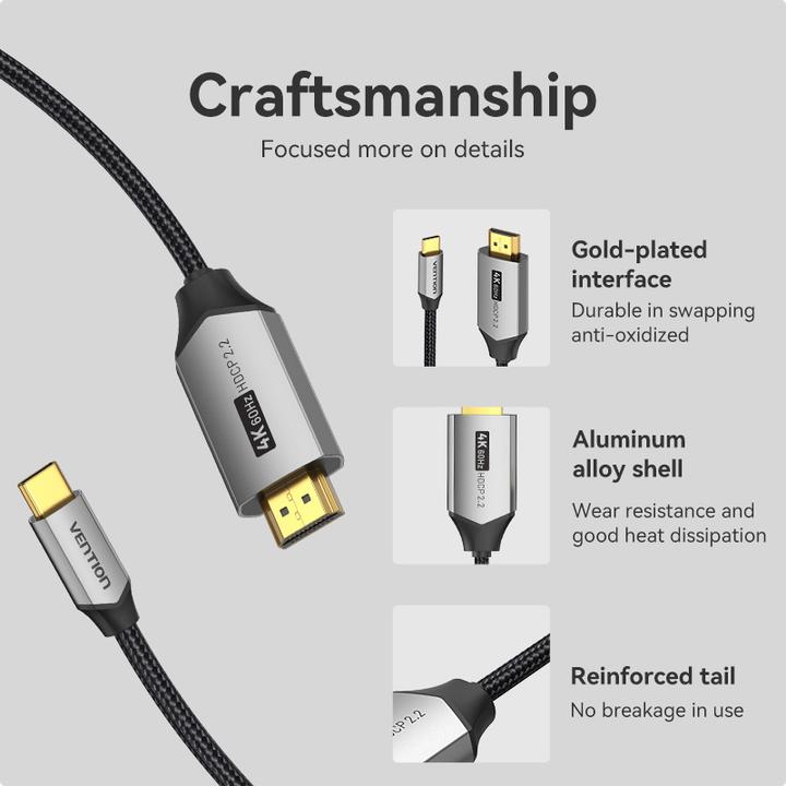 Actual product image Vention USB-C to HDMI Cable 2m CRBBH (Black) (2 m, HDMI)