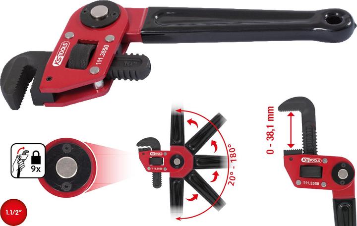 Actual product image KS Tools One-hand pipe wrench with adjustable head, length 250 mm, for pipe Ø 1.1/2" (250 mm)