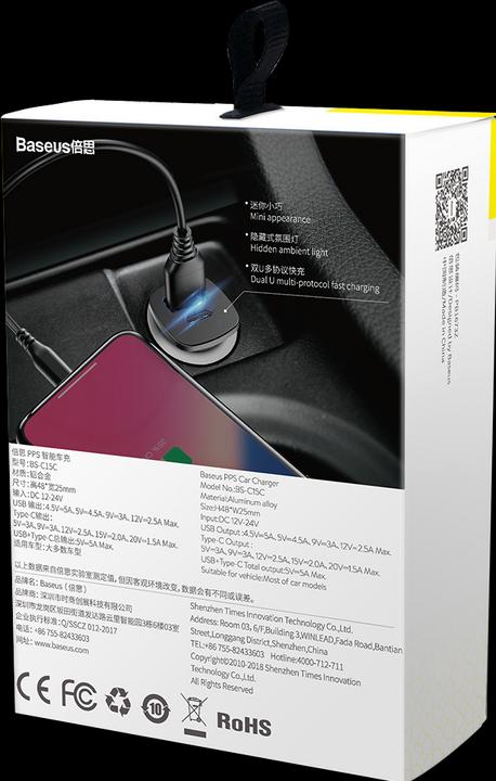 Image du produit Baseus Chargeur de voiture métallique carré USB/TypeC (30W)