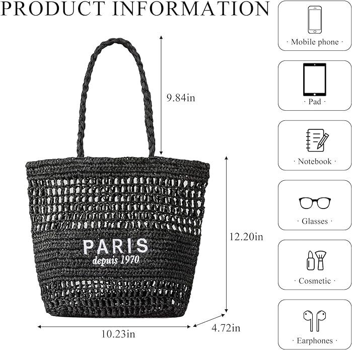 Produktbild Only-Bags.Store Ausgehöhlte Stroh gewebte Einkaufstasche, modische Stickerei-Buchstaben-Umhängetasche, Strandtasche
