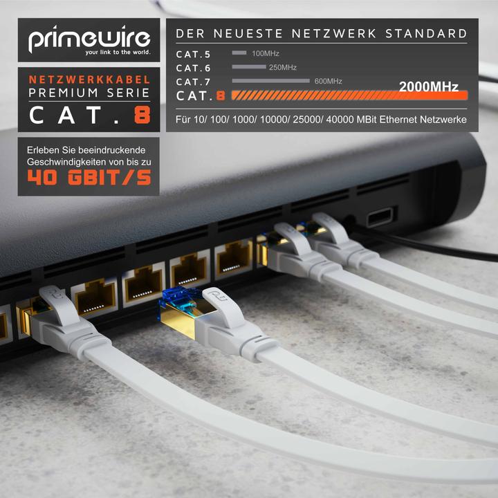 Image du produit Primewire 5x CAT 8.1 Netzwerkkabel Flach, LAN Patchkabel Datenkabel, Flachbandkabel Verlegekabel, Cat 6 Cat 7 (UTP, CAT8.1, 1 m)