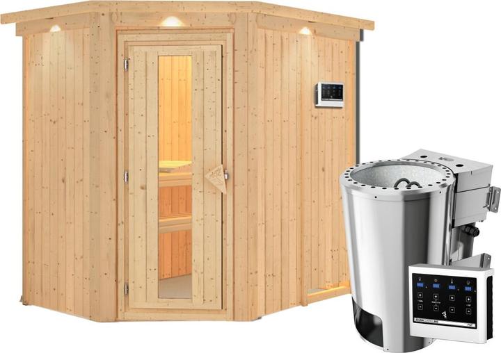Produktbild Karibu Sauna Caspin Eckeinstieg, Kranz (Plug & Play 3,6 KW - Bio externe Steuerung)