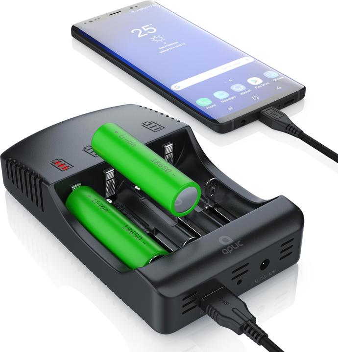 Actual product image Aplic Battery charger 2000 mA, universal battery charger with USB powerbank function, 4x charging slots (A, C, AAA, AA, Chargers without battery)
