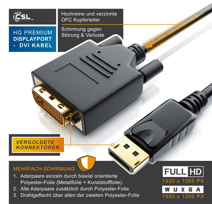 Actual product image CSL DisplayPort video cable, 20 pins, DVI-D, monitor cable, HDCP and EDID certified, FHD resolution (1 m, DisplayPort, DVI)