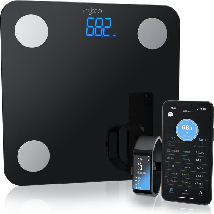 Mybeo Körper-Analyse-Waage, Digitale Bluetooth Körperfettwaage, Diagnosewaage mit App-Steuerung, 5-180 Kg (180 kg)