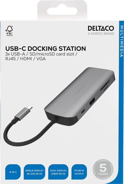 Actual product image Deltaco USB-C docking station 3xUSB/SD/microSD/RJ45/HDMI si (USB-C, 9 Ports)