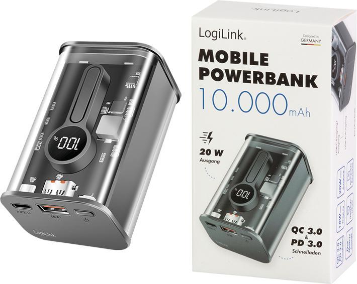 Produktbild LogiLink Powerbank 10000 mAh, 1x USB-A, 1x USB-C, mit Display, PD & QC, transp. (10000 mAh, 20 W, 37 Wh)