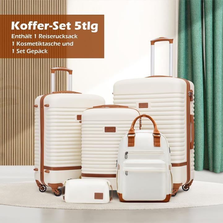 Immagine prodotto Coolife 5-teiliges Hartschalen-Trolley-Set mit Reiserucksack und Kulturbeutel (93 l, Bagaglio a mano (fino a 50 litri), M (50 - 90l), L (90 - 115l))