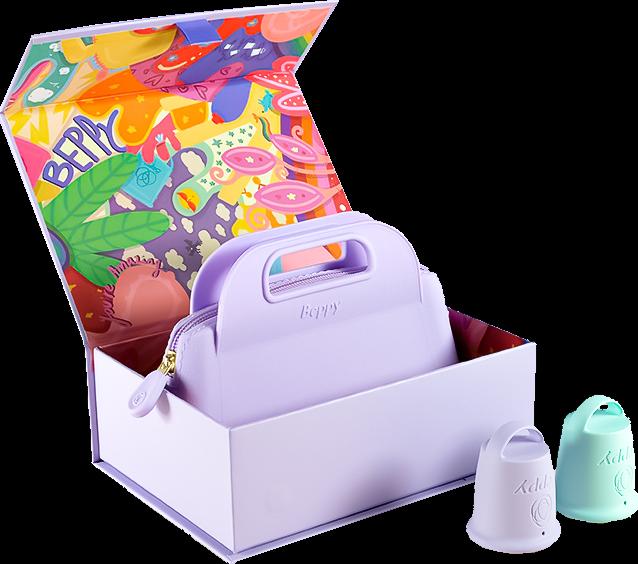 Actual product image Beppy Cups "WONDER" Purple/Turquoise, Box with two menstrual cups and storage bag