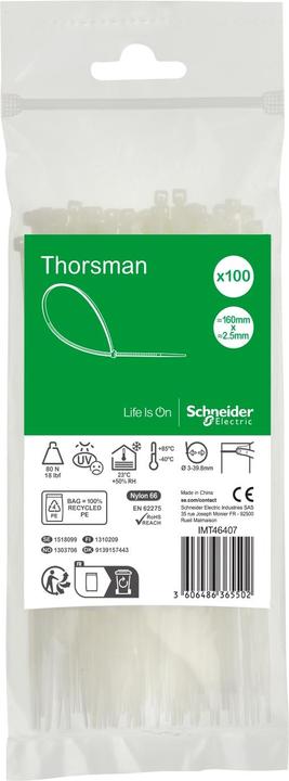 Produktbild Schneider Kabelbinder Thorsman, Abmessung: 160X2,5 mm, VPE=100 Stück Farbe: klar IMT46407 (Kunststoffkabelbinder, 160 mm, 100 Stk.)