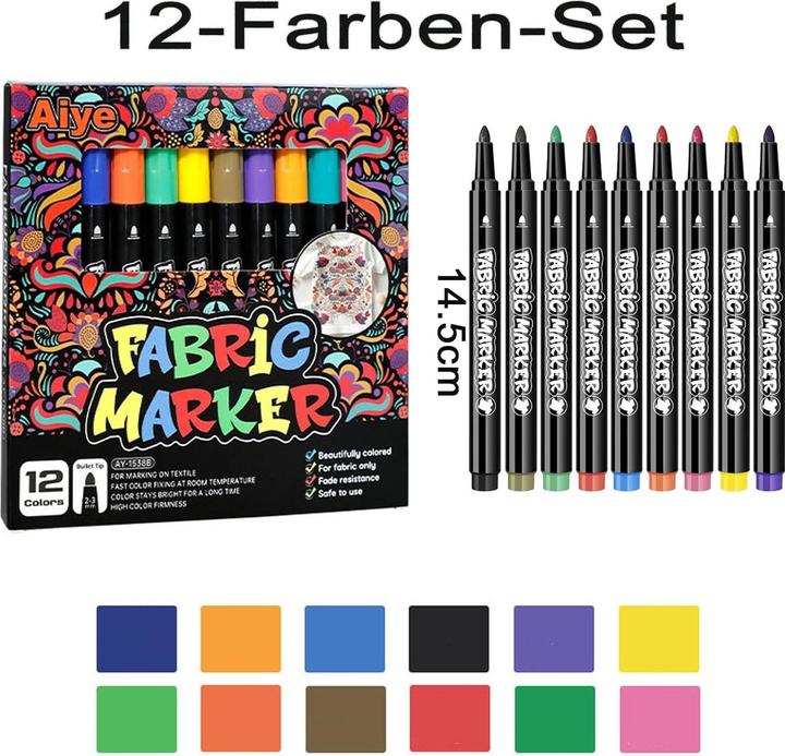 Produktbild The Toy Company Textilstifte 12 Farben – Waschmaschinenfest & leuchtend – für Stoffe (Mehrfarbig, 12 x)