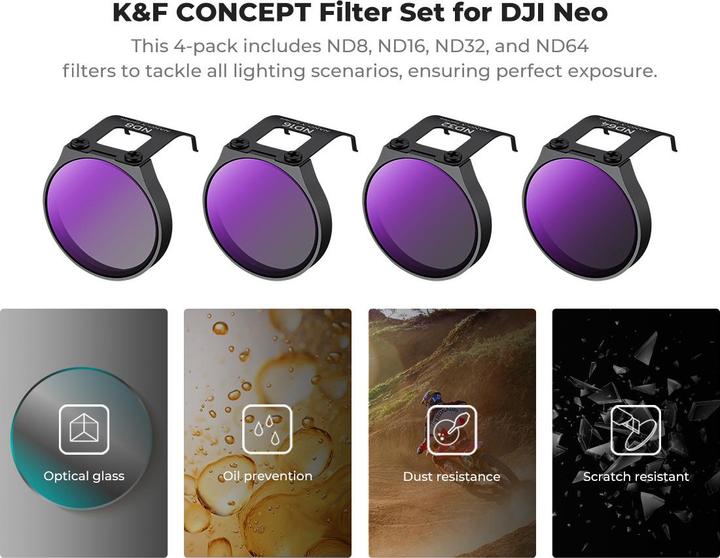 Actual product image K&F Concept 4pcs Filter Kits, ND8+ND16+ND32+ND64, HD, Anti-Reflection Green Coating, Waterproof and Scratch Resi (Camera battery)