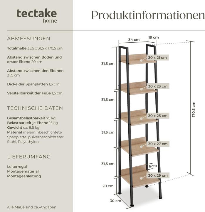 Actual product image tectake Étagère échelle (35.5 x 31.5 x 170.5 cm)