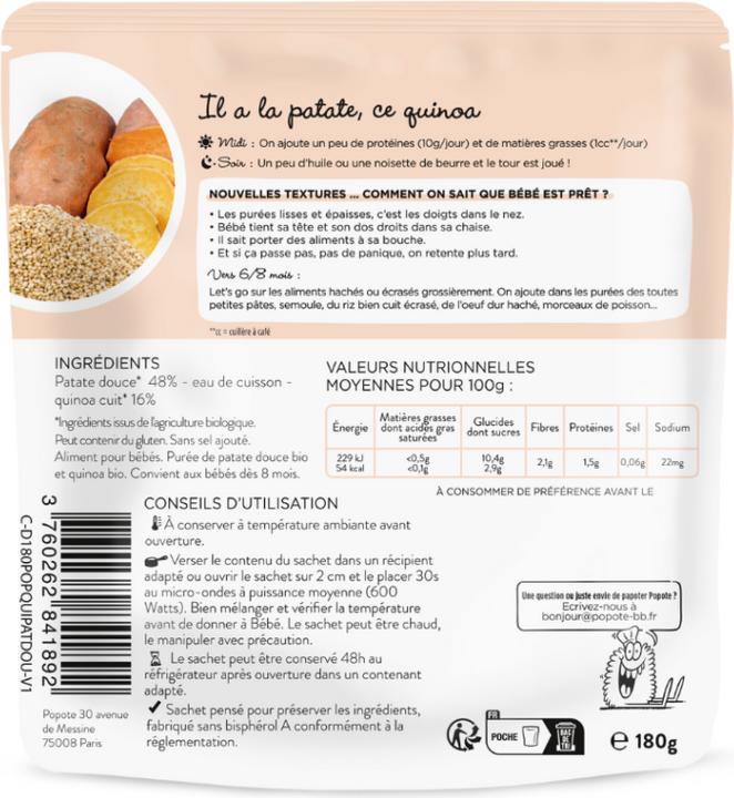 Nährwerte und Zutaten Popote Babybrei Süsskartoffel-Quinoa BIO (180 g)
