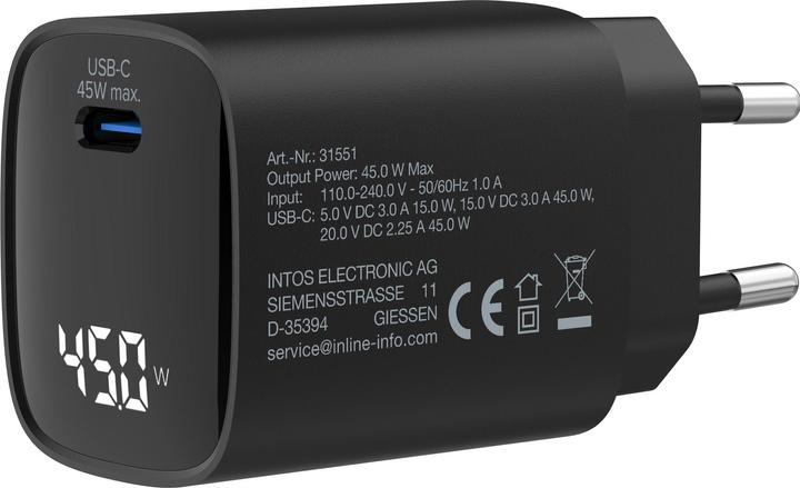 Produktbild InLine USB PD Netzteil, GaN Ladegerät, 1-Port, USB-C, 45W, mit Display, schwarz (45 W)