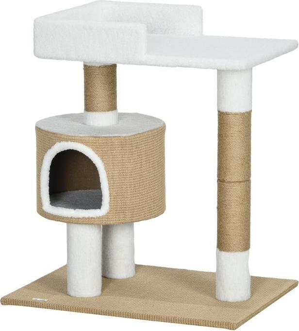 Produktbild Swisshandel24 kleiner Kratzbaum 79 cm mit Katzenhöhle, mit Liegefläche, bis zu 8 kg, Weiss, Kaschmir-Imitat (79 cm, Braun und Weiss)