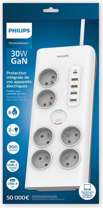 Immagine prodotto MCL PHILIPS Rallonge multiprise parasurtenseur 6 prises chargeur Type-C et 4 USB-A 2m Blanc