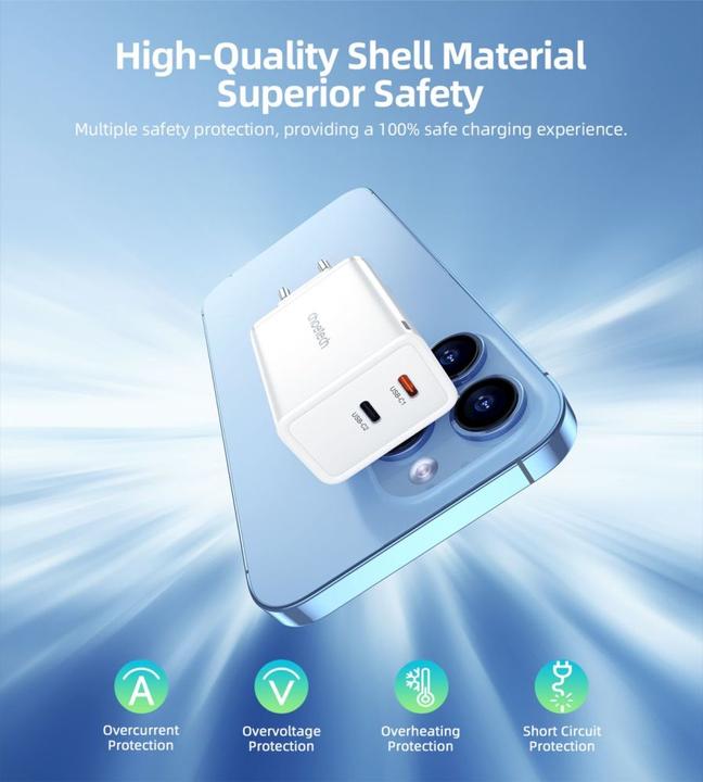 Actual product image Choetech PD6013 2x USB-C PD 65W GaN wall charger - white (65 W)