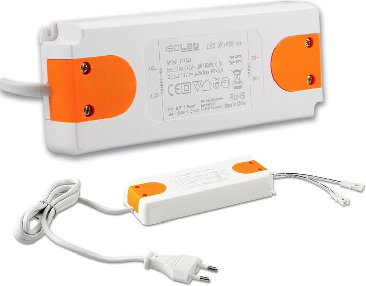 Actual product image Isoled LED transformer MiniAMP 12V/DC, 0-50W, 120cm cable with blade terminal, secondary 2 female sockets