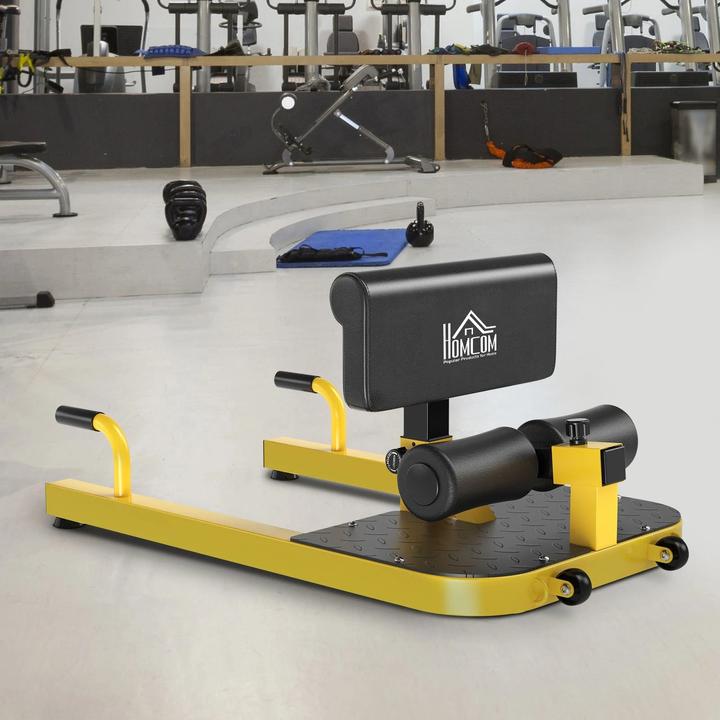 Produktbild Homcom Sissy Squat 3 in 1 Bein-Bauch-Gesäss-Trainer verstellbar bis 120 kg Stahl Gelb+Schwarz 50x97x44,5–56