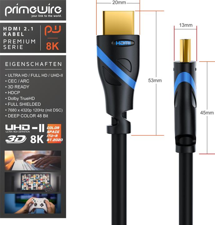 Actual product image Primewire HDMI cable 2.1, type A, 8k @ 120Hz 4K @ 240Hz / 4k @ 240Hz with DSC, UHD, HDR, eARC, VRR, 48 Gbit/s (1 m, HDMI)