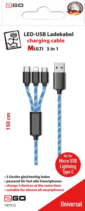 Produktbild 2GO 797315 USB Kabel USB B USB C/Micro-USB B/Lightning (1.50 m)