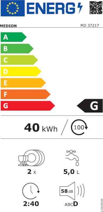 Etichetta energetica Medion MD 37217 lavastoviglie da tavolo, classe di efficienza energetica