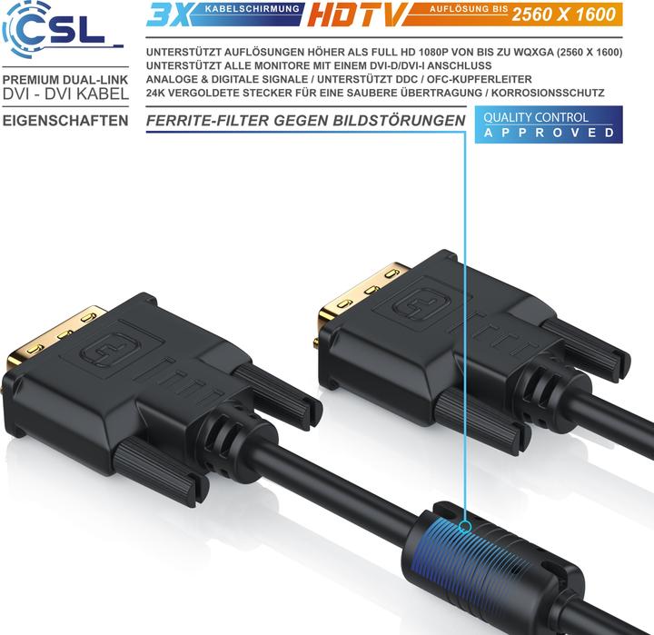 Produktbild CSL DVI zu DVI Kabel - Dual Link 24 1 - HDTV Auflösungen bis 2560x1600 - Ferritkern - OFC Kupferleiter (2 m, DVI)