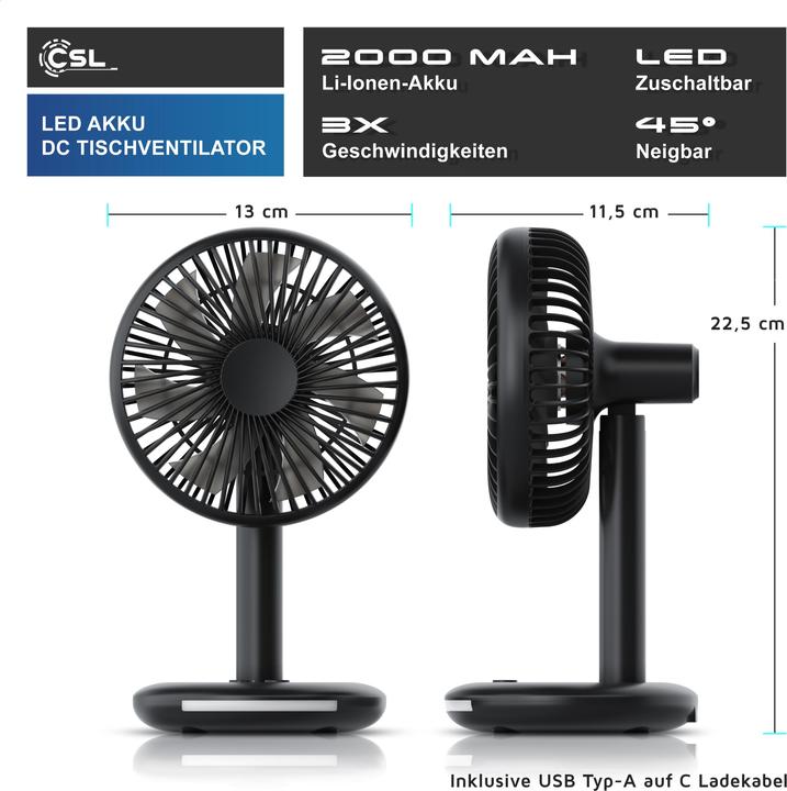 Immagine prodotto CSL Akku Tischventilator, USB Mini Desk Fan, Schreibtischventilator, sehr leise, neigbar, mobiler Lüfter (46.50 dB)