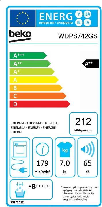 Label énergétique Beko WDPS742GS (7 kg, Droite)