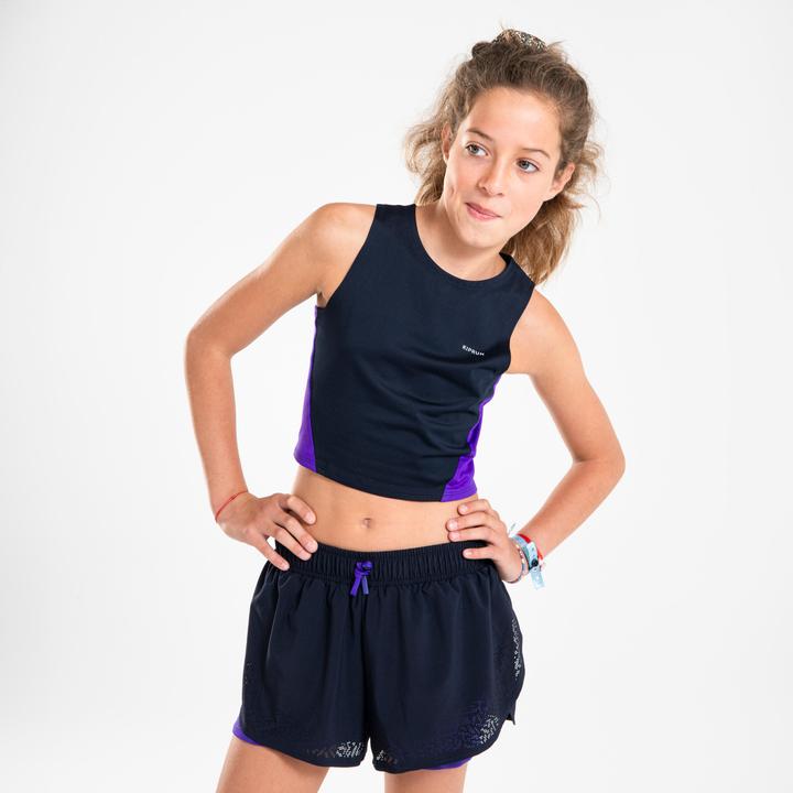 Kiprun Tanktop Croptop Running atmungsaktiv Mädchen - 900 dunkelblau/lila (8, 9, 10)