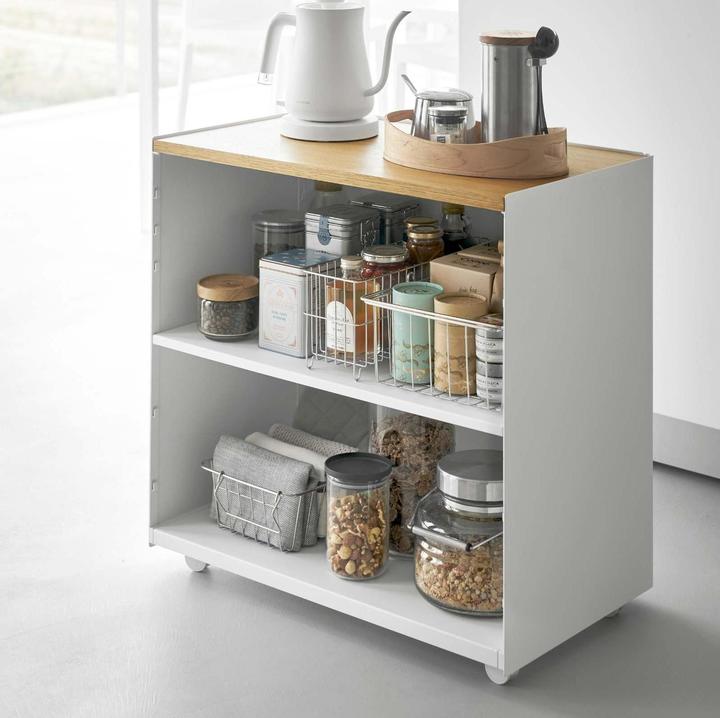 Actual product image Yamazaki Semi-enclosed storage trolley with wooden shelf TOWER (14.32 l)