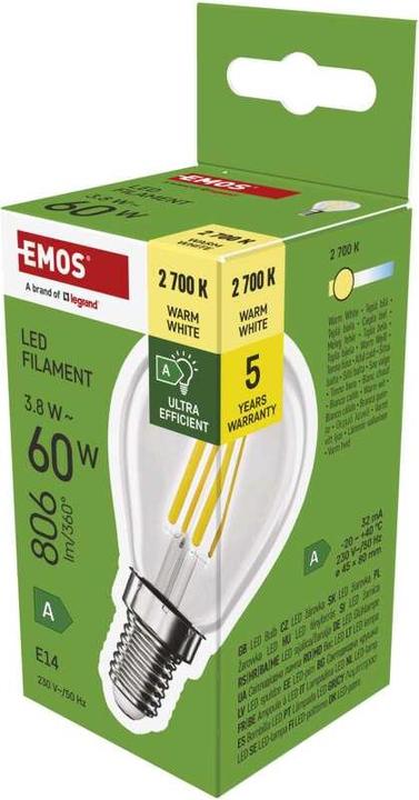 Produktbild Emos LED Lampe Filament Mini Globe A CLASS / E14 / 3,8 W (60 W) / 806 lm / Warmweiss (E14, 3.80 W, 806 lm, 1 x, A)