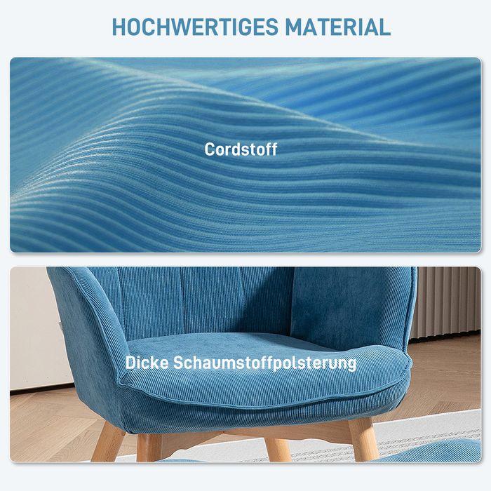 Produktbild Swisshandel24 Sessel mit Hocker, Ohrensessel mit Hoher Rückenlehne, Holzbeine, Cord, Blau