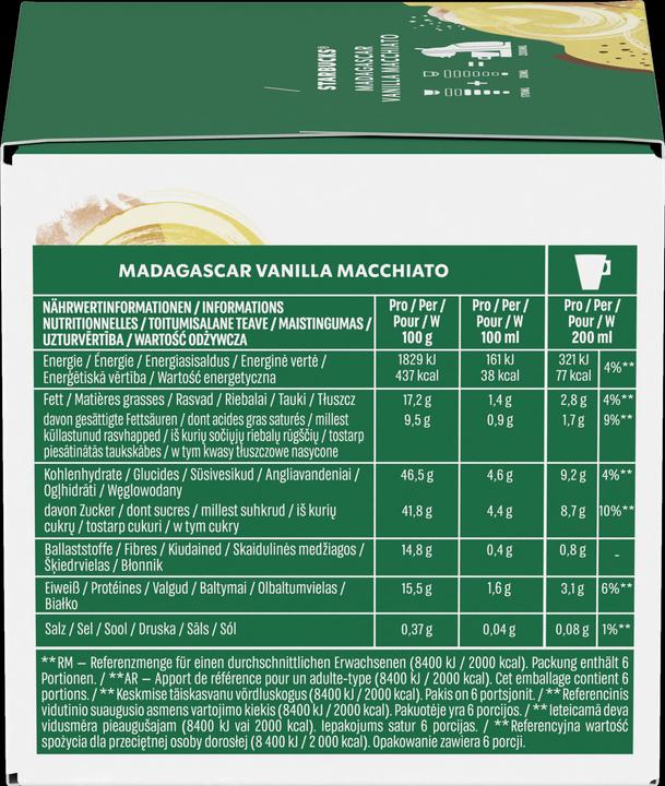 Nutritional values and ingredients Starbucks Vanilla Macchiato by Nescafé Dolce Gusto (6 x Port.)
