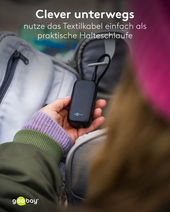 Actual product image Goobay Powerbank 5.000 mAh mit integriertem USB-C-Kabel (5000 mAh, 15 W, 15 Wh)